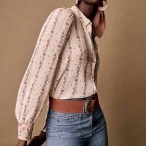 Sezane Floral Striped Blouse - Cream and Pink